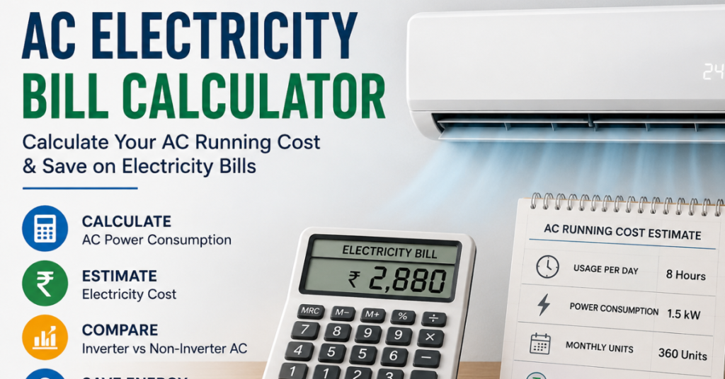 AC Electricity Bill Calculator showing air conditioner power consumption and electricity cost estimation