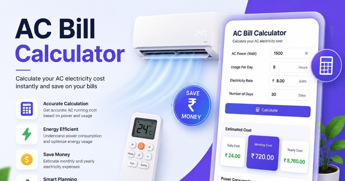 AC Bill Calculator showing air conditioner power consumption, electricity usage, monthly energy cost estimation, and AC bill calculation dashboard.