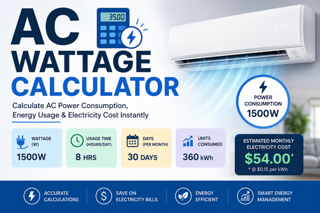 AC Wattage Calculator showing air conditioner power consumption, energy usage, wattage calculation, and estimated electricity cost.