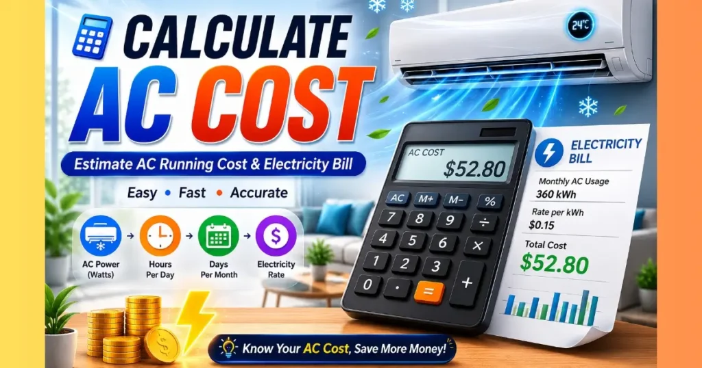 Calculate AC Cost calculator showing AC running cost, electricity bill estimation, power consumption, and monthly energy cost.