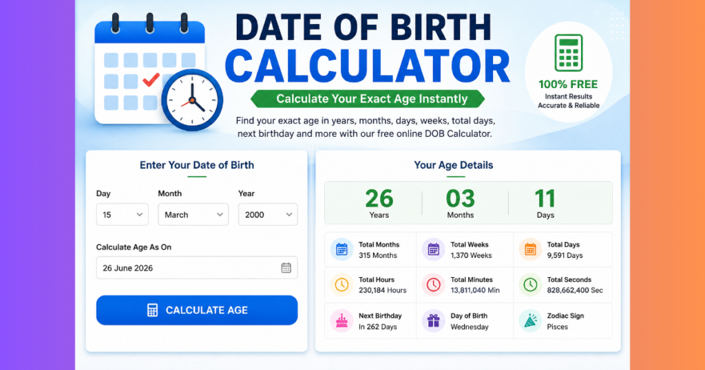 Date of Birth Calculator Online showing exact age calculation in years, months, days, weeks, and next birthday.