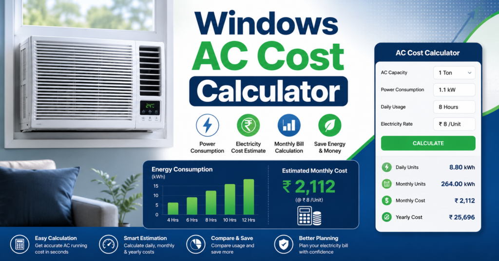 Windows AC Cost Calculator showing window air conditioner electricity consumption and monthly running cost calculation