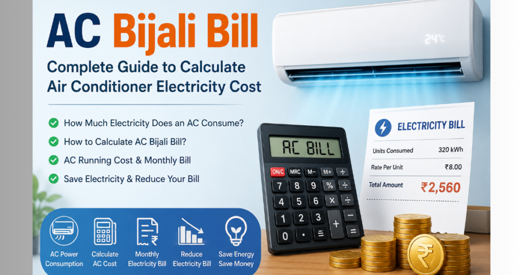 AC Bijali Bill calculator showing estimated air conditioner electricity cost, monthly energy usage, and running cost.