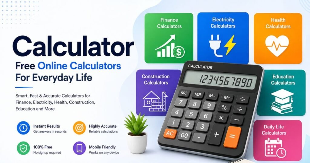 Free online calculator hub with finance, electricity, health, construction, and daily-use calculators.