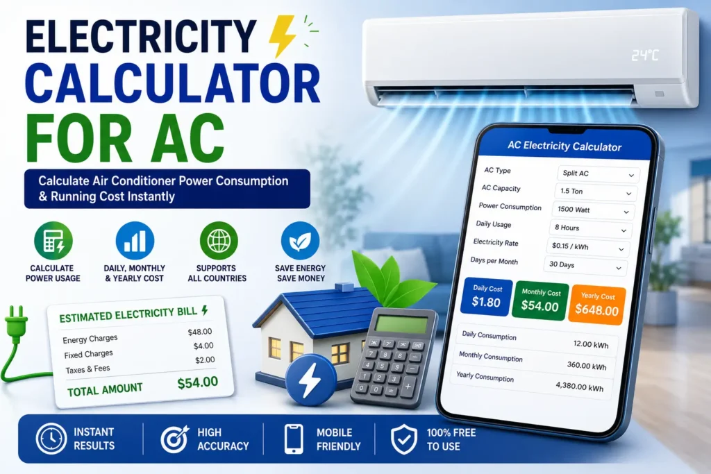 Electricity Calculator for AC showing power consumption and running cost estimation