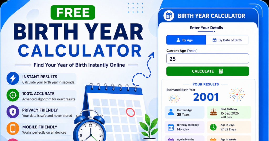 Free Birth Year Calculator showing age input and calculated year of birth