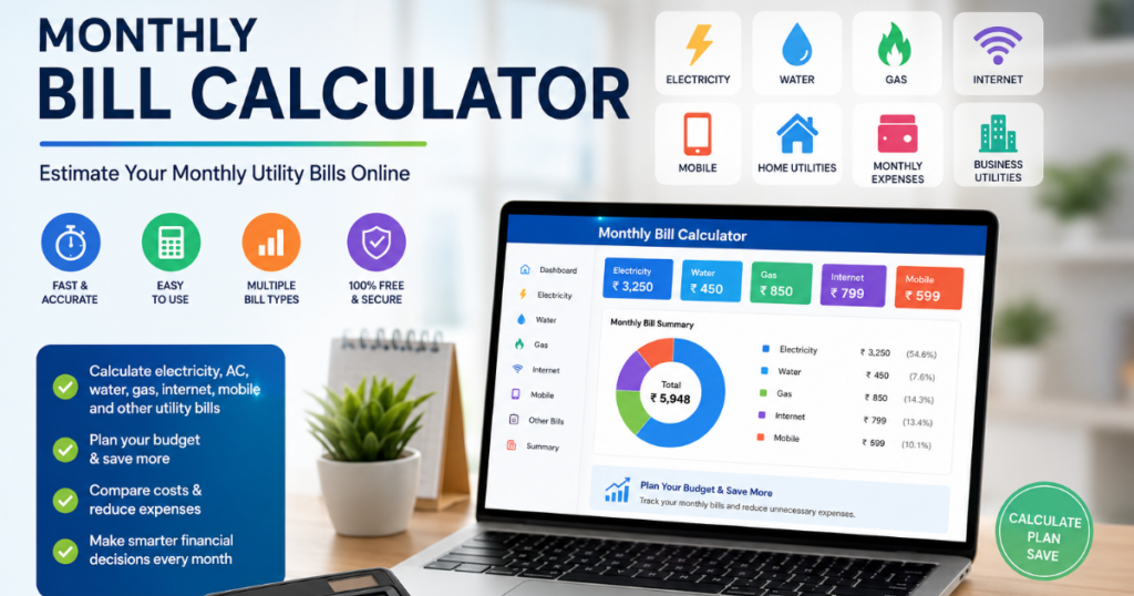 Monthly Bill Calculator for estimating electricity, water, gas, internet, mobile, and household utility expenses.