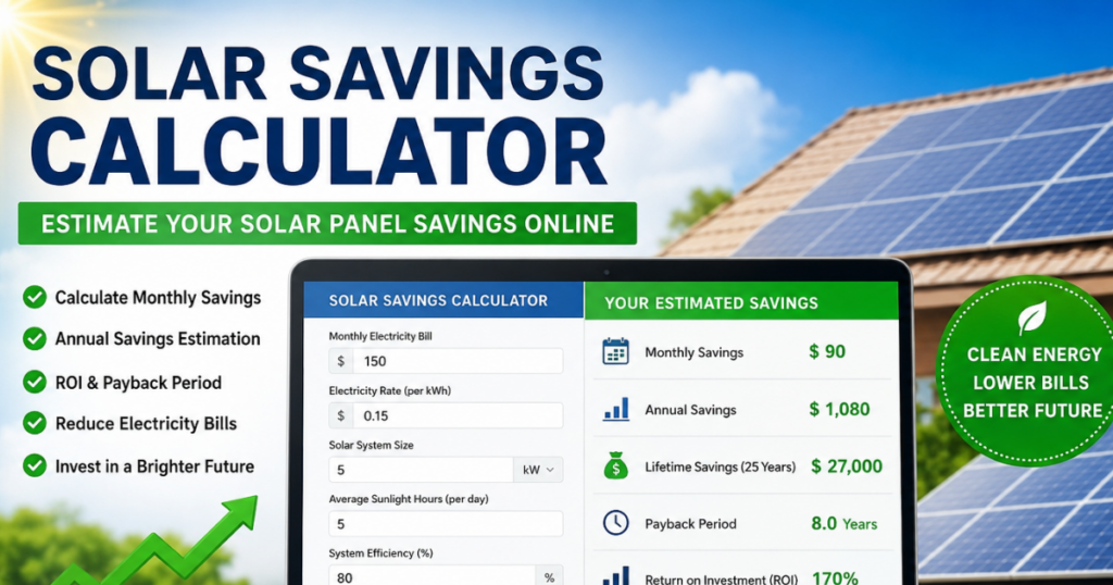 Solar Savings Calculator showing estimated monthly and annual solar panel savings
