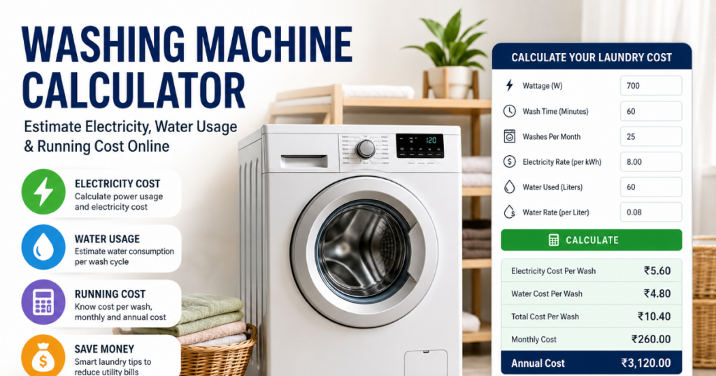 Free Washing Machine Calculator to estimate electricity, water usage, and running cost online.